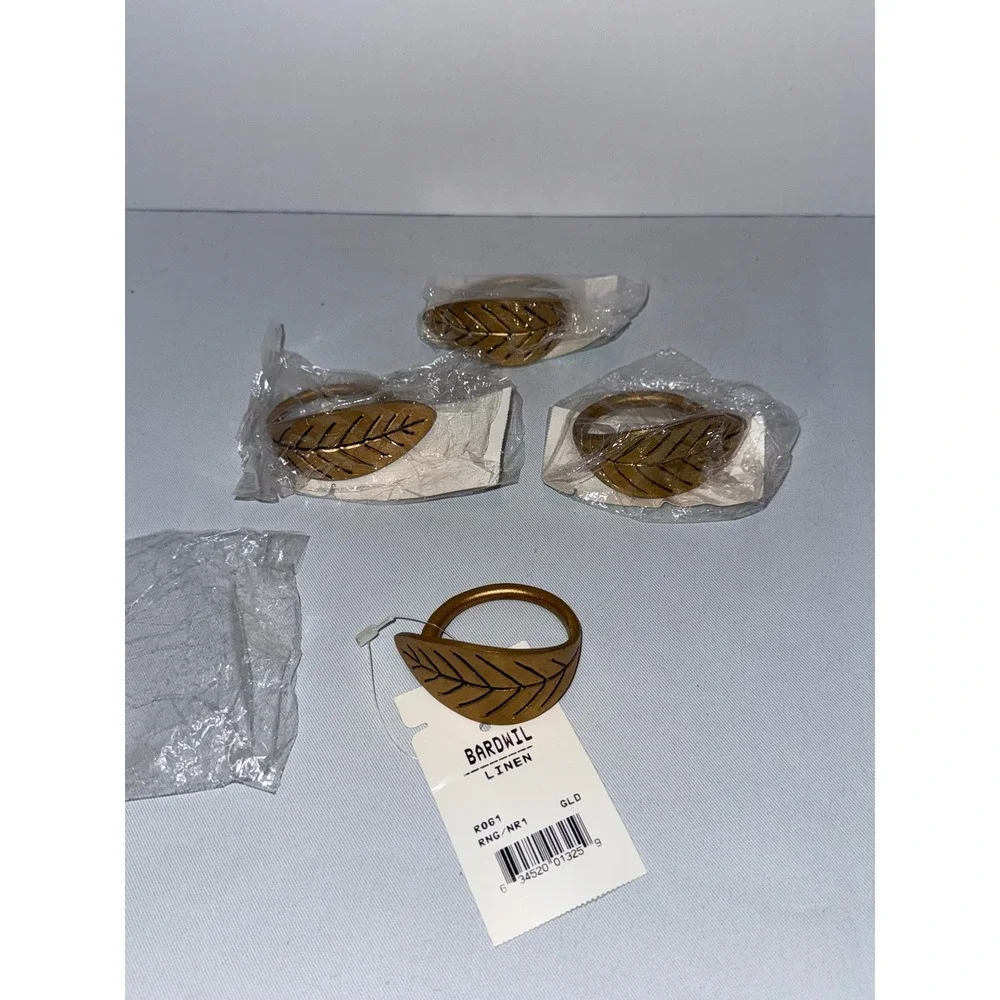 Bardwil Linens Gold Leaf Napkin Rings‎ Set of 4 Metal Botanical Table Decor R061